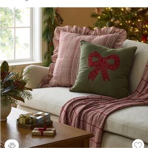 StudioMcGee 24” x 24” Uneven Plaid with Ruffle Burgundy/ Cream Accent Pillow